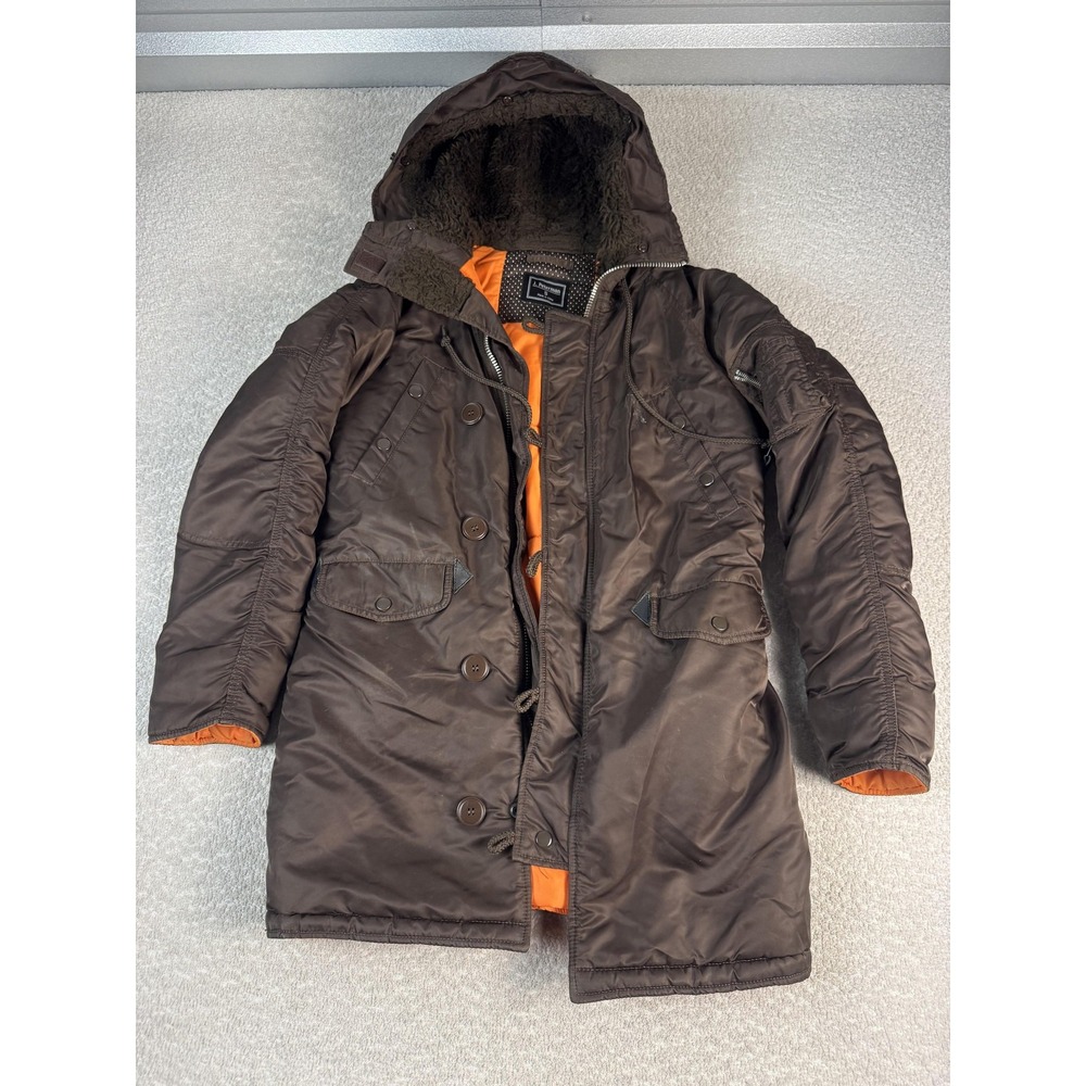 J. Peterman Parka Coat Womens Small Brown Hooded Nylon Insulated Full Zip Winter